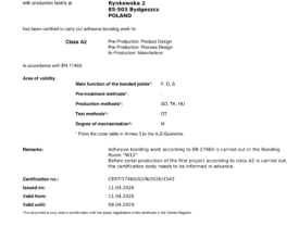 Certyfikat Klejenia  EN 17460
