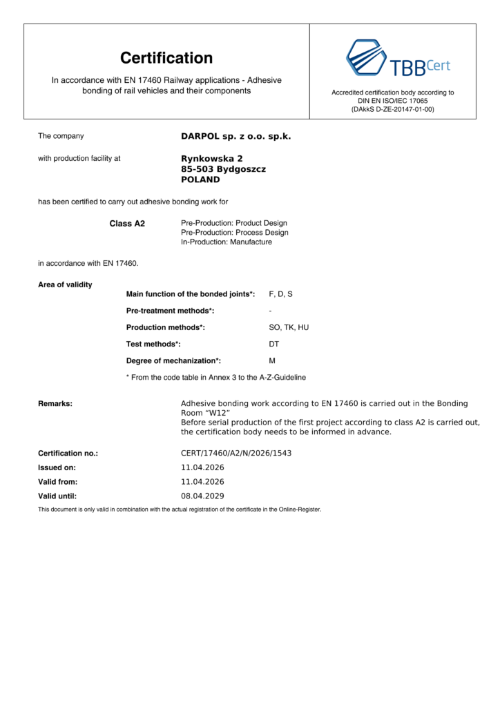 Certyfikat Klejenia EN 17460 Class A2
