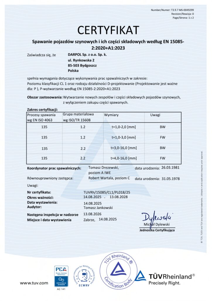 Certyfikat CL1 wg EN 15085-2:2020+A1:202