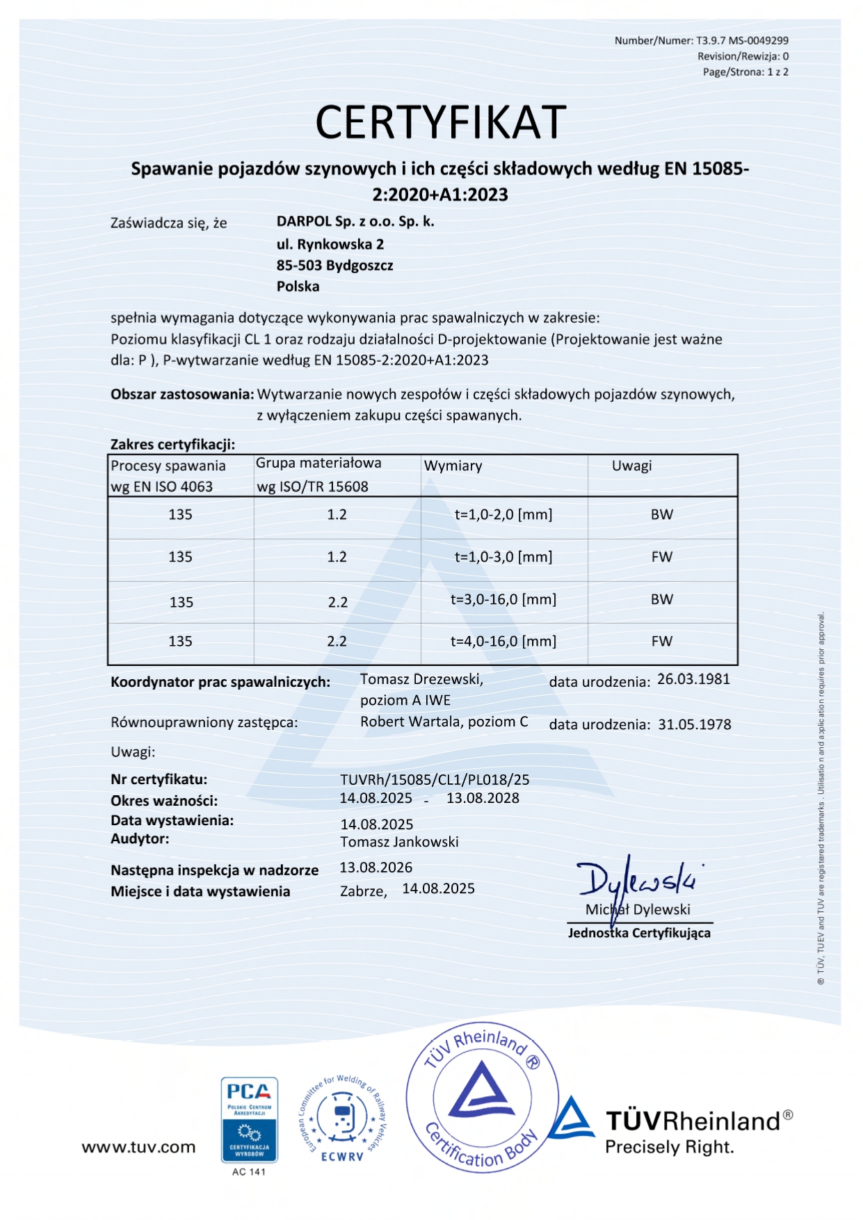 Certyfikat CL1 wg EN 15085-2:2020+A1:202