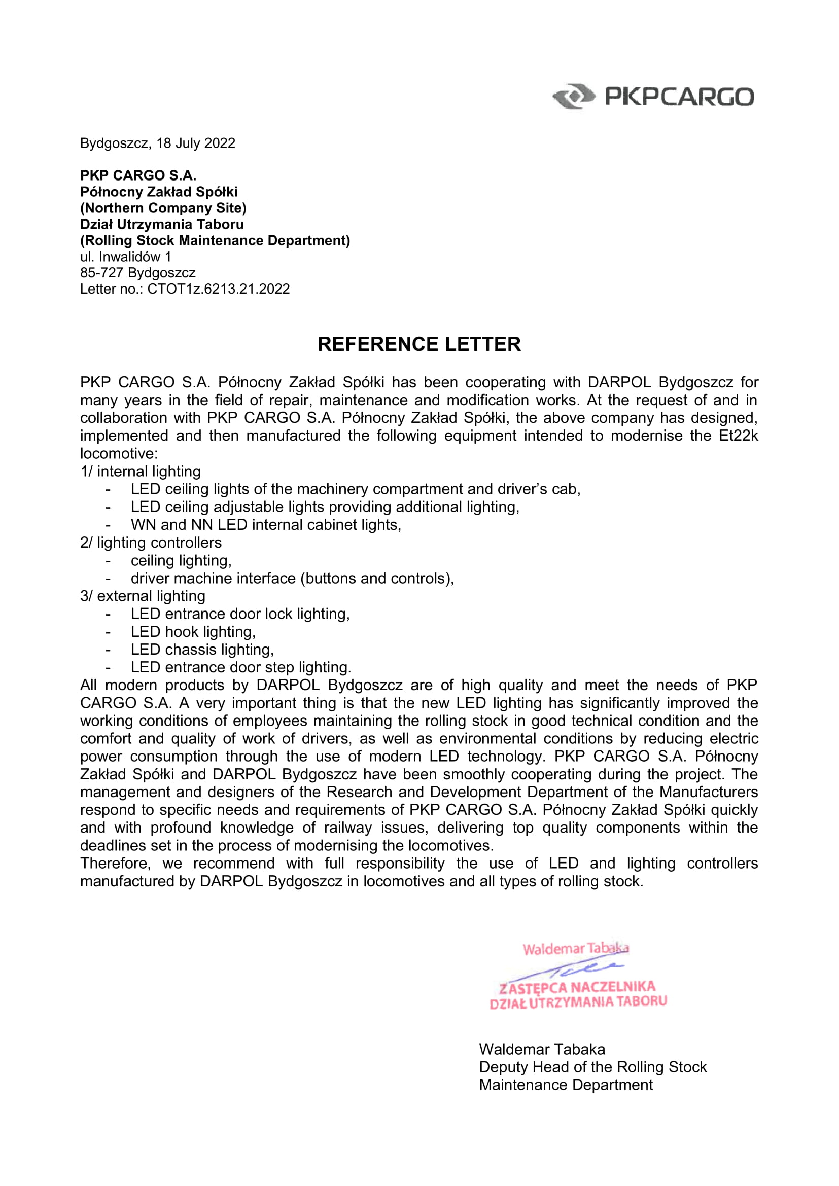 Reference letter from PKP Cargo 
