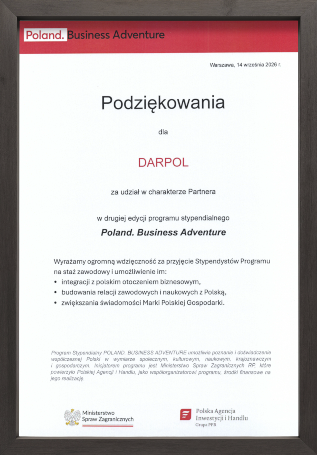 Podziękowania Poland. Business Adventure 2026